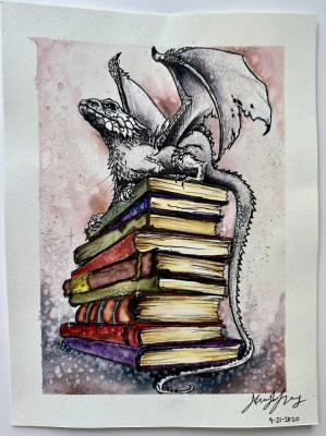 Watercolor | Dragon on Tower of Books  9X12