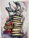 Watercolor | Dragon on Tower of Books  9X12 1