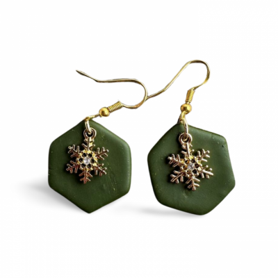 EARRINGS | Clay Christmas Green Snowflake w/ Gold